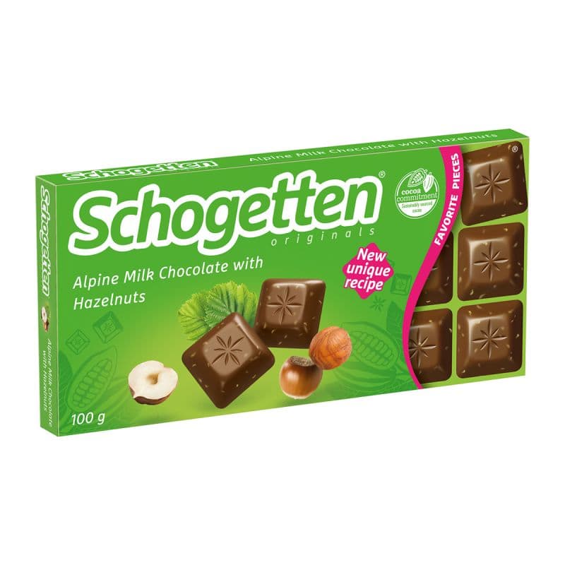 Ciocolata Schogetten cu lapte alpin și bucatele de alune de padure prajite